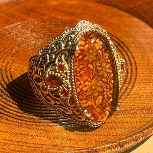 CARVED AMBER/925 Sterling Floral Ring